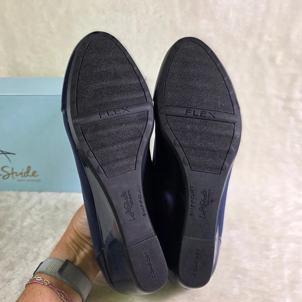 LifeStride Juliana Stretch Navy Patent Fabric Wedge Pumps Womens 11 WIDE NEW